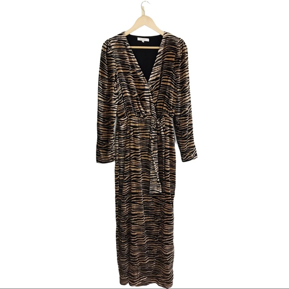 WAYF Arlene Tiger Stripe Velvet Wrap Dress Maxi